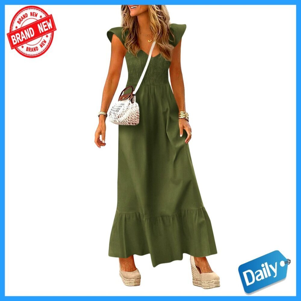 Maxi Dress Cap Sleeve V Neck Smocked Long Pockets Casual Elegant Summer